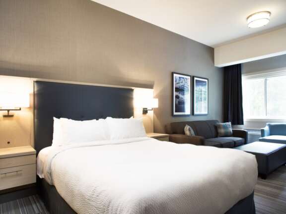 One Queen Room with Sofa Bed at Mountaineer Lodge, Lake Louise, Timber Building, sleeps four.