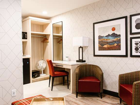 Dog Friendly: Pet-friendly hotel room at Mountaineer Lodge, Lake Louise, ground floor with exterior access in the Timber Building.