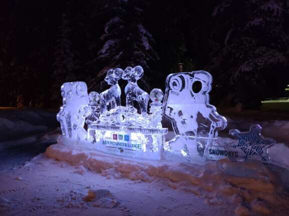 Detailed Ice Sculpture in front of Lake Louise in front of Mountaineer Lodge at the Ice Magic Festival